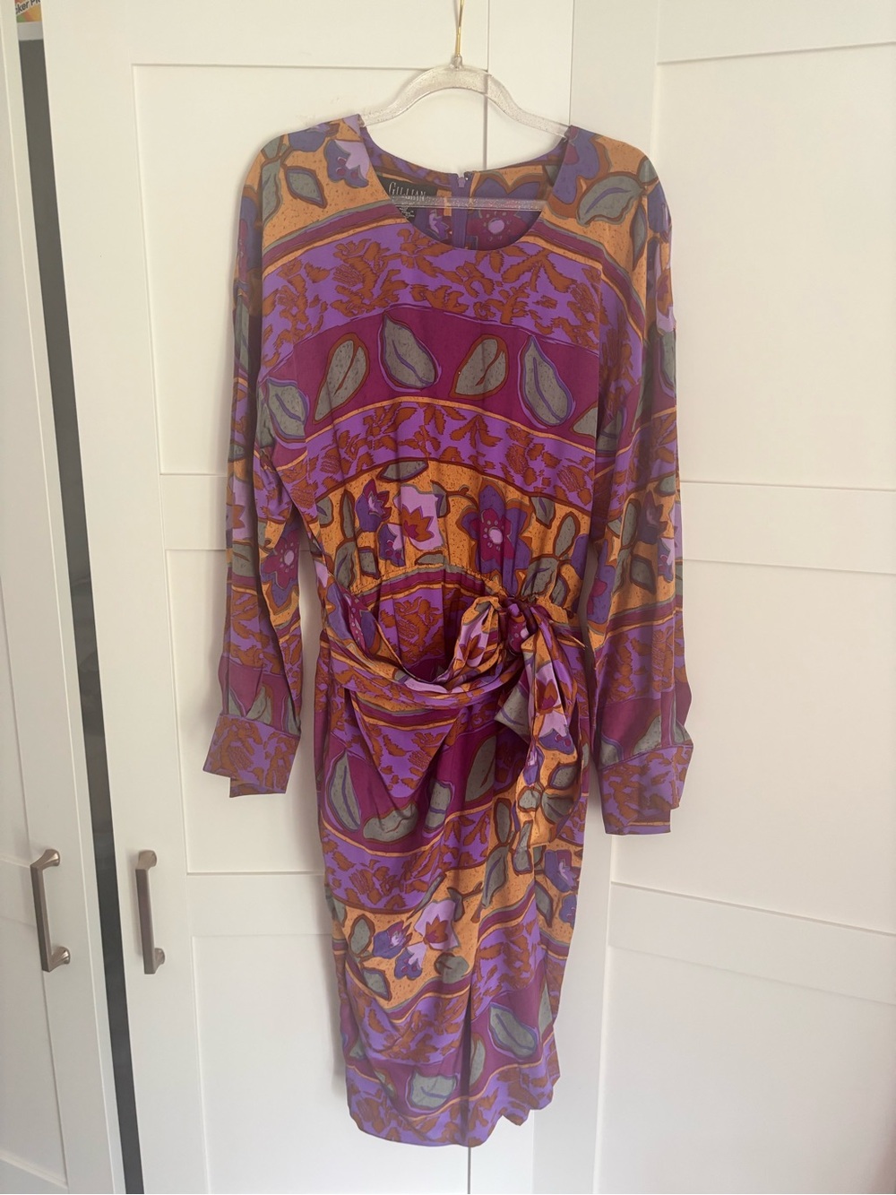 Gillian 100% Silk Vintage Purple Floral Tie-Waist Long Sleeve Dress Size 10